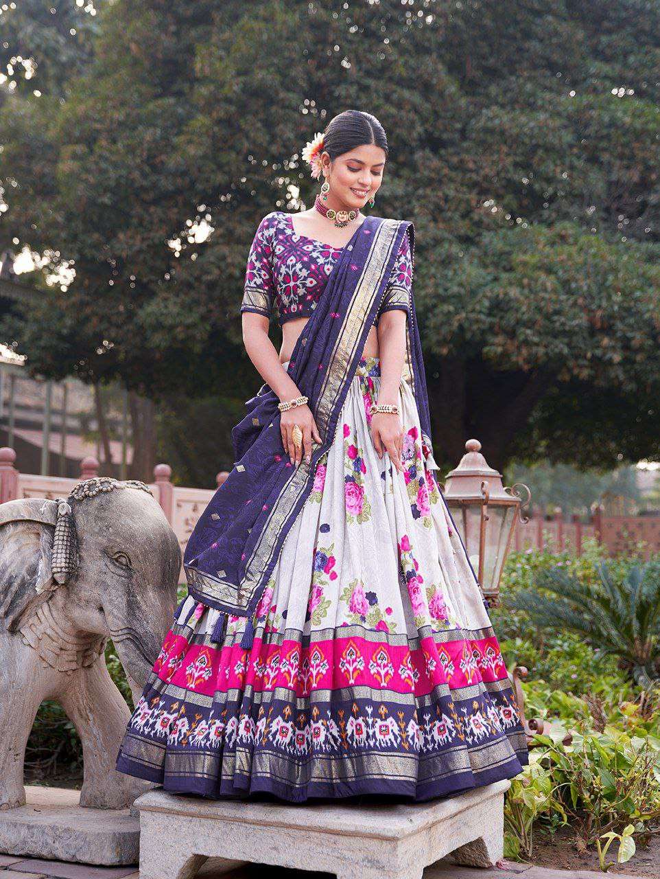 Women's Patola Print Tussar Silk Lehenga Choli Dupatta Set