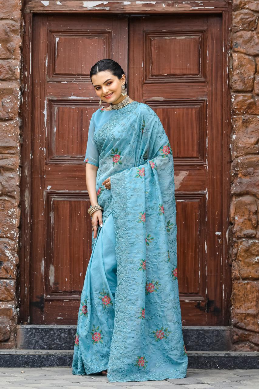 Women's Elegant Sage Green Georgette Saree with Delicate Floral Embroidery & Sequin Work β Perfect for Summer Festivities & Day Events
